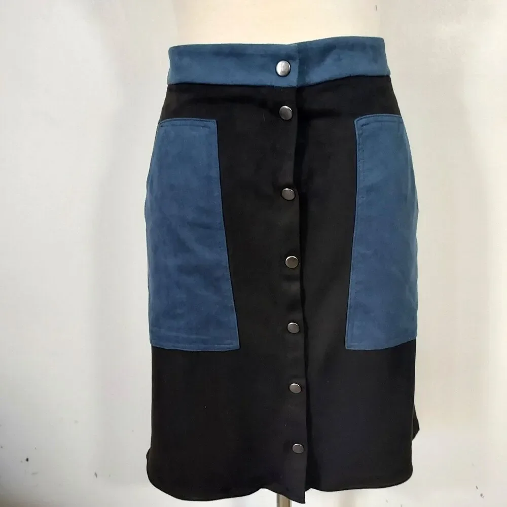 JOH Skirt Soft Faux Suede Size XL Snap Front Pockets Stretch Black Blue NWT